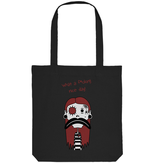 Vegan, Recycled & Eco Stofftasche: Emo Girl im Gothic Style (bedruckt, trauriges Emo Mädchen in schwarz, weiß, rot und Schriftzug "What a f*ucking nice day!") schwarz