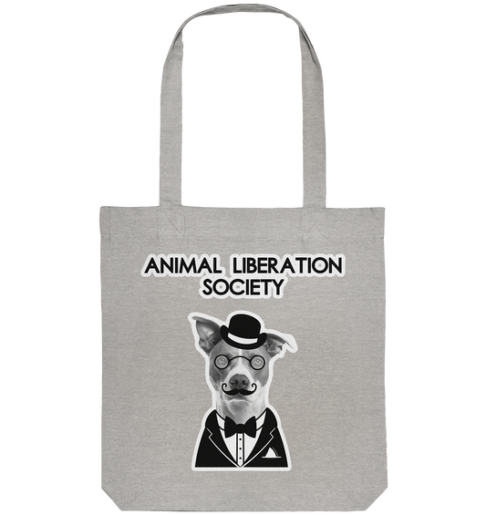 Vegan, Recycled & Eco Stofftasche: Mr. Dog - Animal Liberation Society (bedruckt mit digitaler Collage: Hund in schwarz weiß als feiner Herr mit Melone, Schnurrbart und Anzug und Schriftzug "Animal Liberation Society", Tierschutz) Farbe: grau