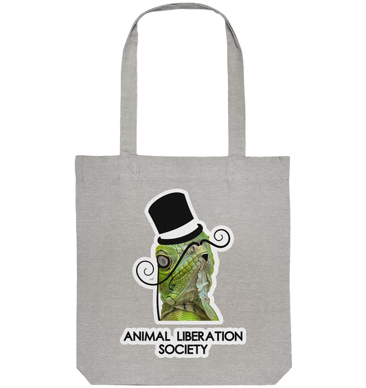 Vegan, Recycled & Eco Stofftasche: Sir Reptile - Animal Liberation Society (bedruckt mit digitaler Collage: Reptil als vornehmer Mensch gekleidet, mit Zylinder, Monokel und Schnurrbart und dem Schriftzug "Animal Liberation Society", Tierschutz, Tierrechte) Farbe: grau