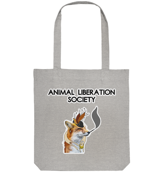 Vegan, Recycled & Eco Stofftasche: Mrs. Fox - Animal Liberation Society (bedruckt mit digitaler Collage: Fuchs mit Menschenpelz, geschminkt und mit Hut und Schriftzug "Animal Liberation Society", Tierschutz, verkehrte Welt, gegen Pelz) Farbe: grau