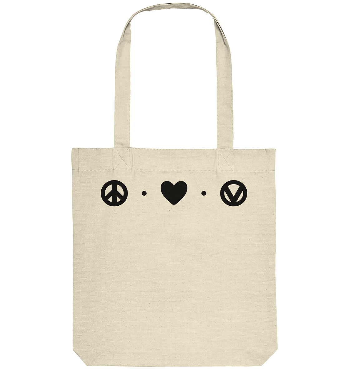 Vegan, Recycled & Eco Stofftasche: Peace - Love - Vegan (bedruckt mit drei schlichten kleinen Logos oben: ein Peace – Zeichen, ein Herz und ein „V“, von einem Kreis eingefasst, welches für Vegan steht, getrennt sind die Logos mit zwei Punkten) Farbe: Naturbelassen