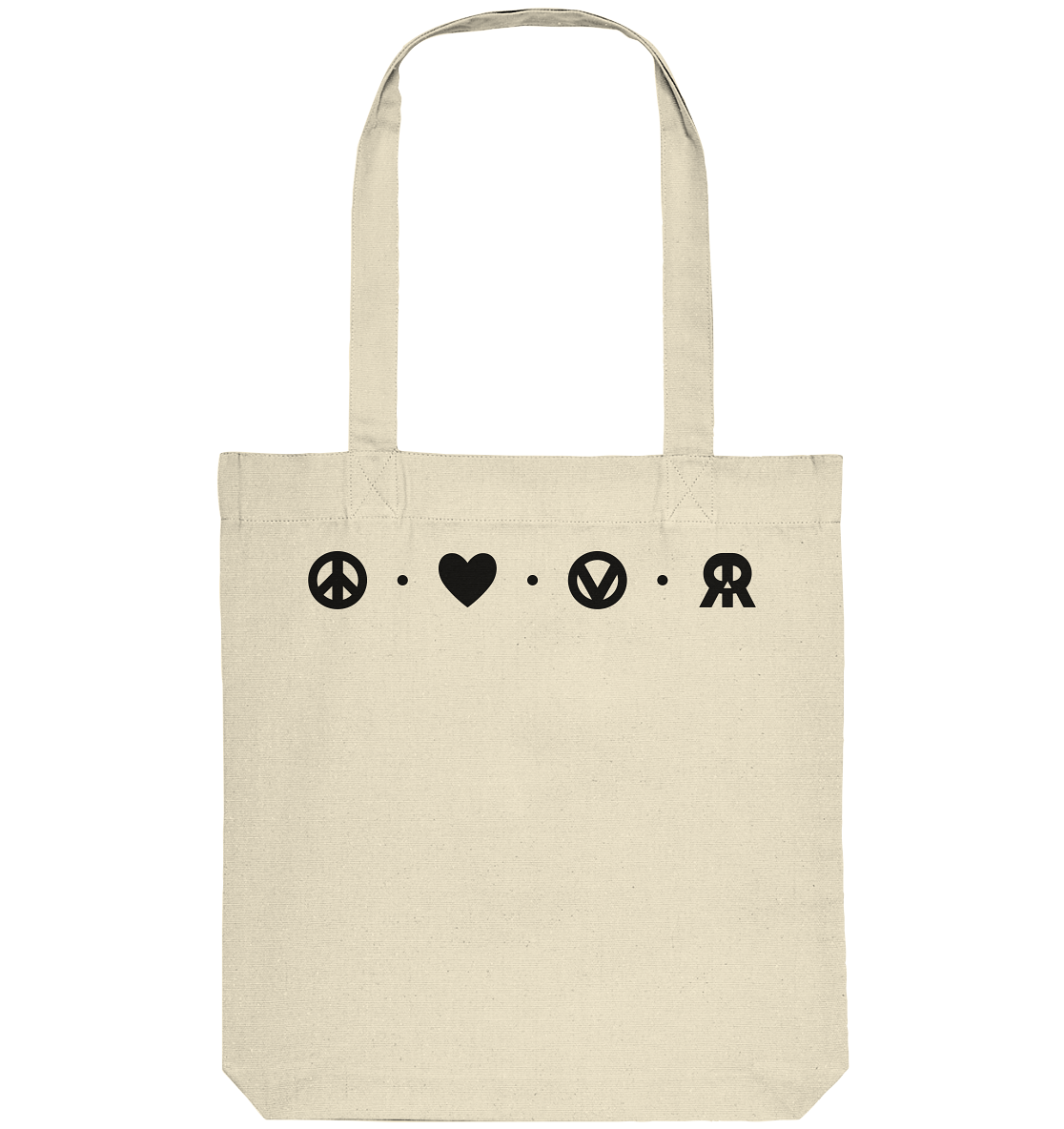 Vegan, Recycled & Eco Stofftasche: Peace - Love - Vegan - Rebellious (bedruckt mit vier schlichten kleinen Logos oben: ein Peace – Zeichen, ein Herz, ein „V“, von einem Kreis eingefasst, welches für Vegan steht und das RudeRebel Logo, welches für „Rebellious“ steht, getrennt sind die Logos mit drei Punkten) Farbe: Naturbelassen