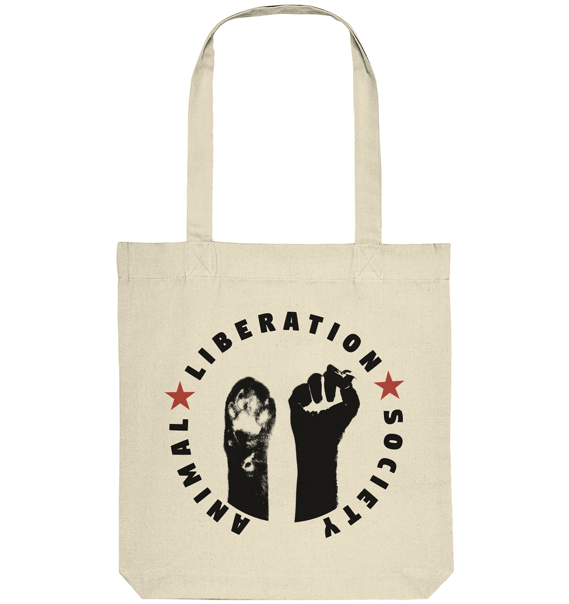 Vegan, Recycled & Eco Stofftasche: Raise paw and fist for Animal Liberation! (bedruckt mit Pfote und Faust, darum die Worte Animal Liberation Society mit zwei roten Sternen zwischen den Leerzeichen kreisrund drum herum) Farbe: Naturbelassen