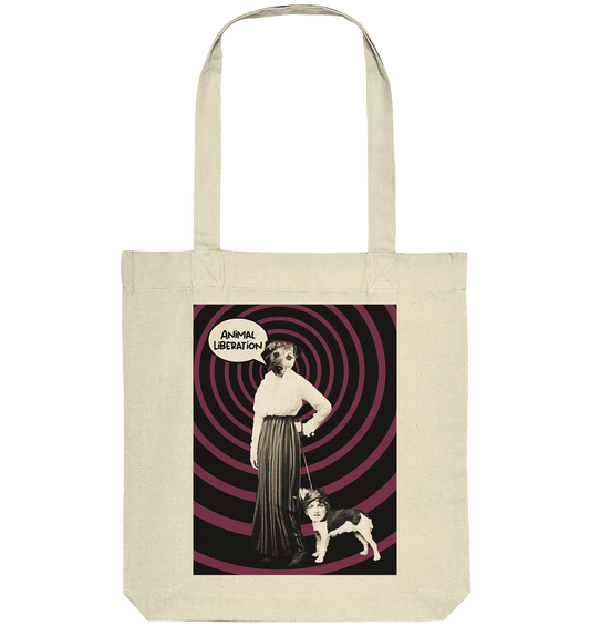 Vegan, Recycled & Eco Stofftasche: Upside Down - Animal Liberation (bedruckt mit digitaler Collage: schwarzer Spiralhintergrund auf Beerenfarbe, im Vordergrund alte Fotografie: Frau mit Hund an der Leine, durch Bildbearbeitung Hundekopf auf Frauenkörper, Frauenkopf auf Hundekörper, Sprechblase „Animal Liberation“, Tierschutz, Tierrechte) Farbe: natur