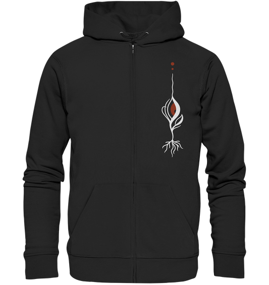 Vegan, Organic & Recycled Zipper Hoodie: Minimalist bloody Eye (bedruckt mit Pflanze mit rotem Auge und Wurzeln, seitlich) weiß auf schwarz