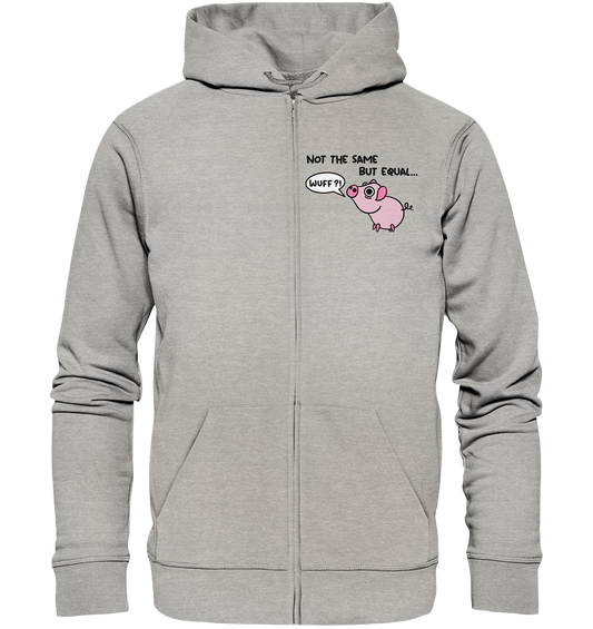 Vegan, Organic & Recycled Zipper Hoodie: Not the Same but Equal... (bedruckt, Tierschutz, süßes Schwein im Comic Stil, Sprechblase "Wuff", versucht zu Bellen und Schriftzug "Not the same, but Equal") rosa auf grau meliert